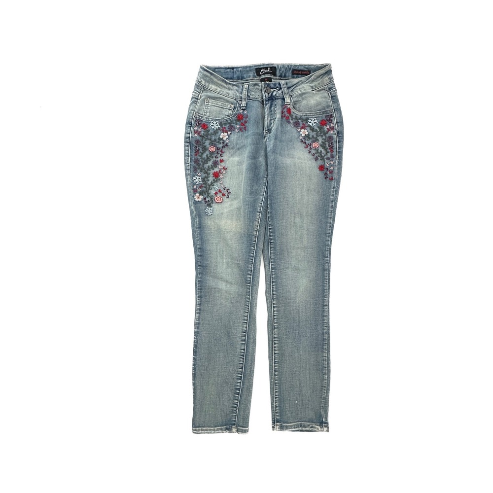 Earl Jeans Skinny Ankle embroidered flowers Women's size 2P Blue Denim jeans